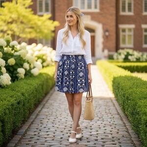 Old Navy Women's Navy Blue Floral Smocked Elastic Waist Mini Lined Skirt Size S